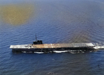 USS Sable underway in Lake Michigan, United States, 1945; note crashed FM-2 fighter on flight deck