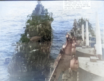 USS San Diego assisting USS Haggard after the latter was hit by Japanese special attack, off Okinawa, Japan, 29 Apr 1945