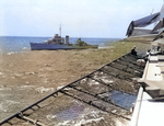 Destroyer Sampson steaming near Saratoga, circa 1940; note TBD-1 Devastator aircraft parked near by