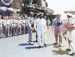 British Royal Navy Rear Admiral Clement Moody visiting US carrier USS Saratoga, 27 Mar 1944