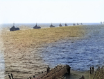 British Eastern Fleet destroyers providing honorary escort to USS Saratoga (foreground) as the US carrier departed Indian Ocean, 18 May 1944