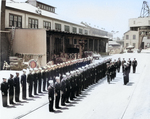 Crew of USS Segundo being inspected during change of command ceremony, Mare Island Naval Shipyard, California, United States, 6 Jul 1953