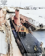 Aft plan view looking forward of USS Carbonero at Mare Island Naval Shipyard, California, United States, 18 Feb 1952, photo 1 of 2; note USS Diodon outboard and USS Segundo forward