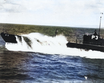 Shark plowing through waves, late 1930s