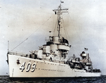 Sims off the Kennebec River, Maine, United States during her trials, 6 July 1939, photo 1 of 3; note flag of shipbuilder Bath Iron Works