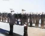 Lieutenant Commander George Kittredge being relieved by the new commanding officer of USS Sterlet, Mare Island Navy Yard, Vallejo, California, United States, 1 Dec 1953