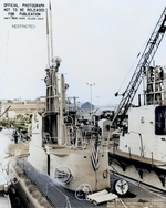 View of the conning tower of USS Barb, Mare Island Navy Yard, Vallejo, California, United States, 7 May 1945; note USS Sunfish in background