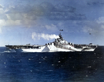 Carrier Ticonderoga at sea off the Philippine Islands, 5 Nov 1944; note camouflag pattern Measure 33 Design 10a