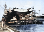 USS Ticonderoga preparing to depart Norfolk Naval Shipyard, Portsmouth, Virginia, United States, Apr 1957