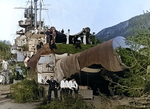 Sailors camouflaging the Tirpitz in a Norwegian fjord