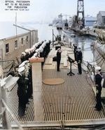 Commissioning ceremony of USS Tunny, Mare Island Naval Shipyard, Vallejo, California, United States, 1 Sep 1942, photo 2 of 2; note Sunfish alongside, Whale in background