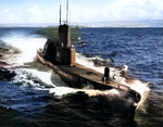 Starboard bow view of USS Tunny, off US Territory of Hawaii, mid-1953