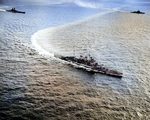 British battlecruiser HMS Renown (center of photograph), British battleship HMS Valiant (right), and French battleship Richelieu (left) in the Indian Ocean, 12 May 1944; photographed from a USS Saratoga aircraft