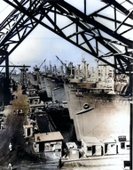 VC2-S-AP3 ships Lincoln Victory, Panama Victory, Joplin Victory, and Columbia Victory on the ways at CalShip yards, Los Angeles, California, United States, spring 1944.