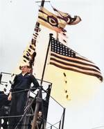 BM 3rd Class Donald O. Smith at the conning tower of USS Wahoo, Midway Atoll, 6 Apr 1943