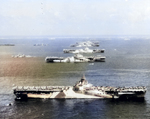 USS Wasp, USS Yorktown, USS Hornet, USS Hancock, USS Ticonderoga, and other warships at Ulithi Atoll, Caroline Islands, 8 Dec 1944, photo 2 of 3