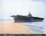 USS Wasp (Essex-class) underway from the Puget Sound Navy Yard, Bremerton, Washington, United States for tests following repairs, 2 Jun 1945. Note new Measure 21 paint scheme, all over sea blue. Photo 2 of 4