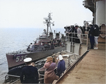 USS Miller alongside USS Wasp during a refueling demonstration during a Dependents Day Cruise, 16 Apr 1959