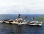 USS Wasp in the Atlantic Ocean, 9 May 1969; note two SH-3 Sea King helicopters in flight