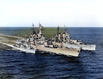 US Navy destroyer Buck, battleship Wisconsin, and heavy cruiser Saint Paul off Korea, 22 Feb 1952, photo 1 of 2