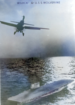 F4F Wildcat aircraft flying above USS Wolverine, Lake Michigan, United States, 1940s