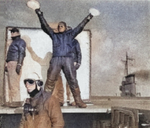 Landing Signal Officers aboard USS Wolverine in Lake Michigan, United States, 1942-1944; seen in 1 Jan 1945 issue of US Navy publication Naval Aviation News