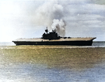 Yorktown burning and listing, afternoon of 4 Jun 1942, before the ship was abandoned