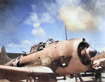 US Navy Ensign Leif Larsenand rear gunner Radioman John F. Gardener in a SBD-3 Dauntles aircraft aboard USS Yorktown in the later afternoon of 4 Jun 1942