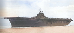 USS Yorktown moving astern in preparation for landing operations, 1943