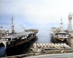 USS Sicily and USS Yorktown at Yokosuka Naval Base, Japan, early Feb 1954; note AF Guardian aircraft on Sicily and AD Skyraider aircraft on Yorktown