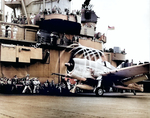 F6F Hellcat fighter of US Navy VF-5 preparing to launch off Yorktown (Essex-class) to attack a target in the Marshall Islands, 20 Nov 1943