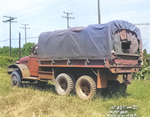 Rear view of an International Harvester M-5H-6 2 1/2-ton 6x6 transport truck with 12-ft. bed, built to the same specifications as the GMC CCKW but in much fewer numbers; Holabird, Mayland, United States, date unknown