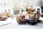 Abandoned Char B1 tank, France, 1940; note German Panzer II in background