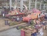 Workers putting tracks onto a M3 tank at the Detroit Arsenal Tank Plant, Warren, Michigan, United States, circa 1940-1942, photo 2 of 2