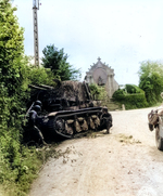 Knocked-out German 4.7 cm PaK(t) auf Panzerkampfwagen 35R(f) self-propelled gun, Le Molay-Littry, France, 20 Jun 1944