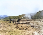 United States Army 105mm Howitzer M2A1 firing, Korea, 22 Jul 1950