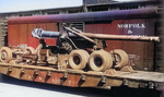 155mm Gun M1 arriving by rail at Hampton Roads Port of Embarkation, Newport News, Virginia, United States, 6 Aug 1943