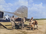 Unloading a 37 mm Gun M3 from a transport aircraft, Fort Bragg, North Carolina, United States, Sep 1942