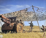 155 mm Howitzer Carriage M1917 or M1918 howitzer and crew in exercise, Camp Carson, Colorado, United States, 24 Apr 1943, photo 1 of 2