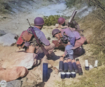 US Army troops training with 81mm M1 mortar, Camp Carson, Colorado, United States, 24 Apr 1943; note M1 Carbine