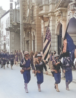 Color guard leading armored cruiser USS Pittsburgh landing party in the Bund, Shanghai, China, 1927; note Springfield M1903 rifles and M1911 pistols