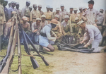 Chinese officers receiving instruction in bulding rafts for personal equipment in the sniper course at the Infantry Training Center, Guilin, Guangxi, China, Jun 1944; note Zhongzheng Type rifles