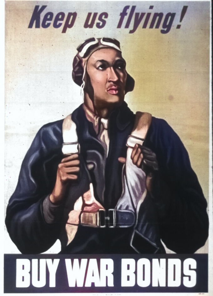 American poster to promote sale of war bonds, featuring an African-American US Army Tuskegee pilot, possibly Lt Robert W. Diez, 1943; the text reads 'Keep us flying!  BUY WAR BONDS' [Colorized by WW2DB]