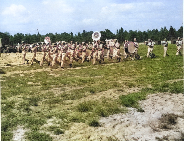 Japanese-American members of US 442nd Regimental Combat Team marching band during the first formal review of the regiment, Camp Shelby, Mississippi, United States, 1943 [Colorized by WW2DB]