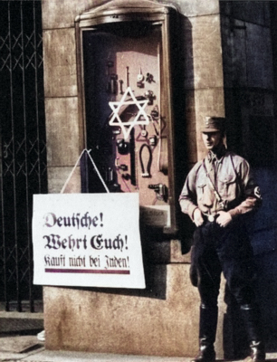 'Germans, defend yourselves, do not buy from Jews' sign posted in Germany, 1 Apr 1933 [Colorized by WW2DB]