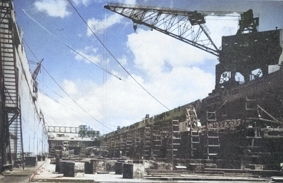 Dry Dock No. 4 at Pearl Harbor Naval Shipyard, Oahu, US Territory of Hawaii, 1940s [Colorized by WW2DB]