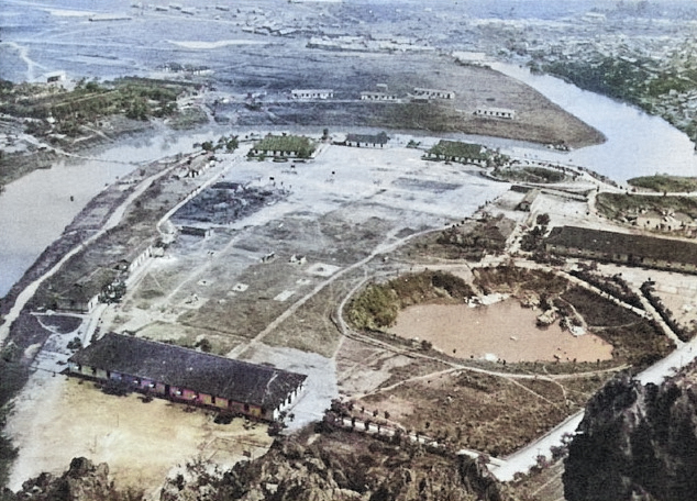 Aerial view of the Guilin Infantry Training Center, China, late 1943 [Colorized by WW2DB]