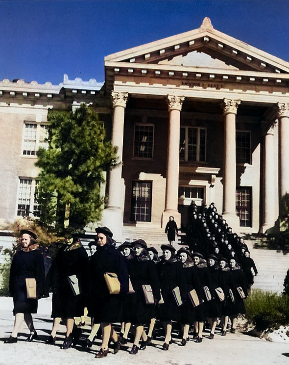 WAVES students marching out of Morrill Hall, Naval Training Center, Stillwater, Oklahoma, United States, Mar 1943; note the women were wearing raincoats and havelocks but the sky was clear [Colorized by WW2DB]