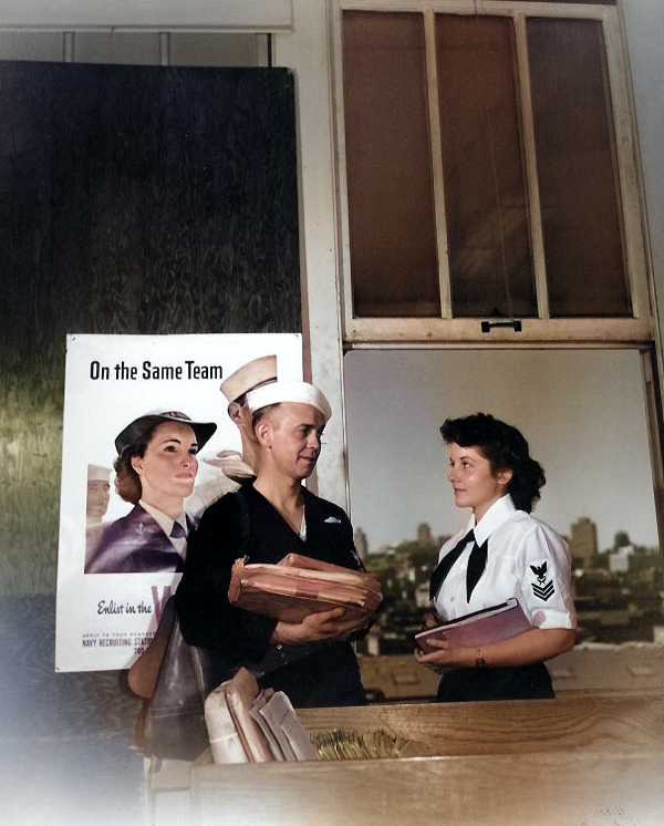 US Navy Mailman 2nd Class Wilbur L. Harrison and Yeoman 1st Class Marjorie Daw Adams at Fleet Post Office, San Francisco, California, United States, 13 Jun 1945 [Colorized by WW2DB]