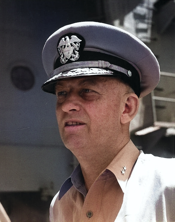 Rear Admiral Burke onboard a ship, 7 Aug 1951 [Colorized by WW2DB]